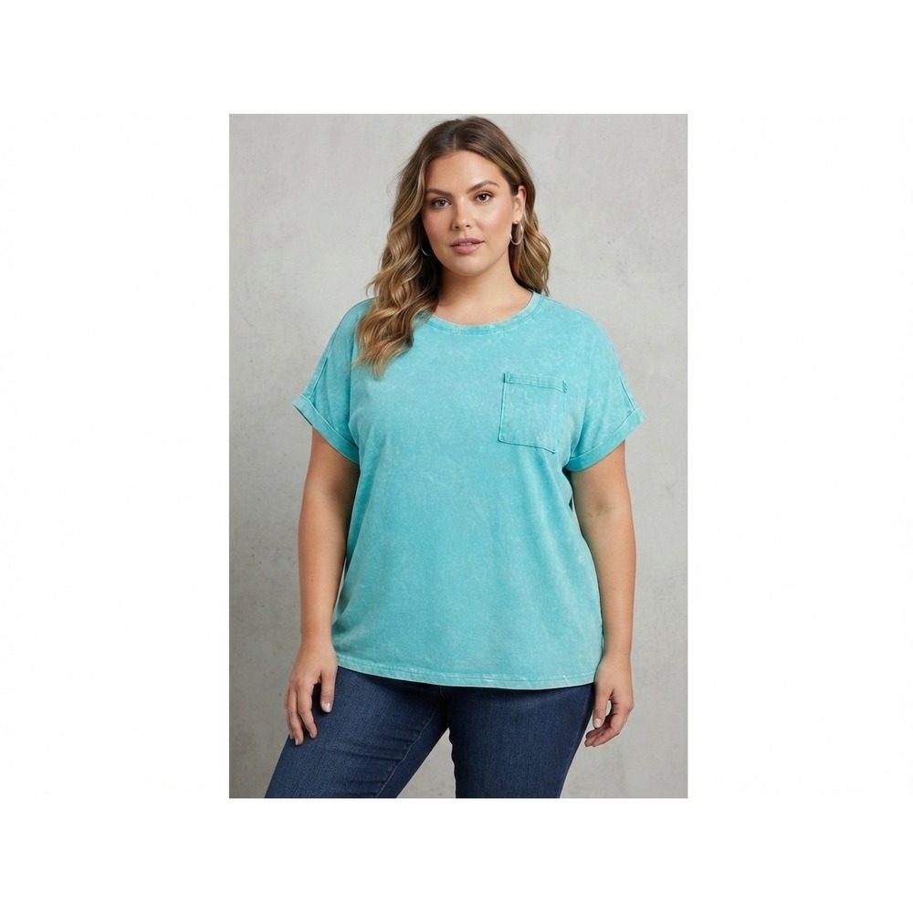 Zenana Women 2X Teal Acid Wash Cotton Pocket T-Shirt Oversized CTW-3569 Green